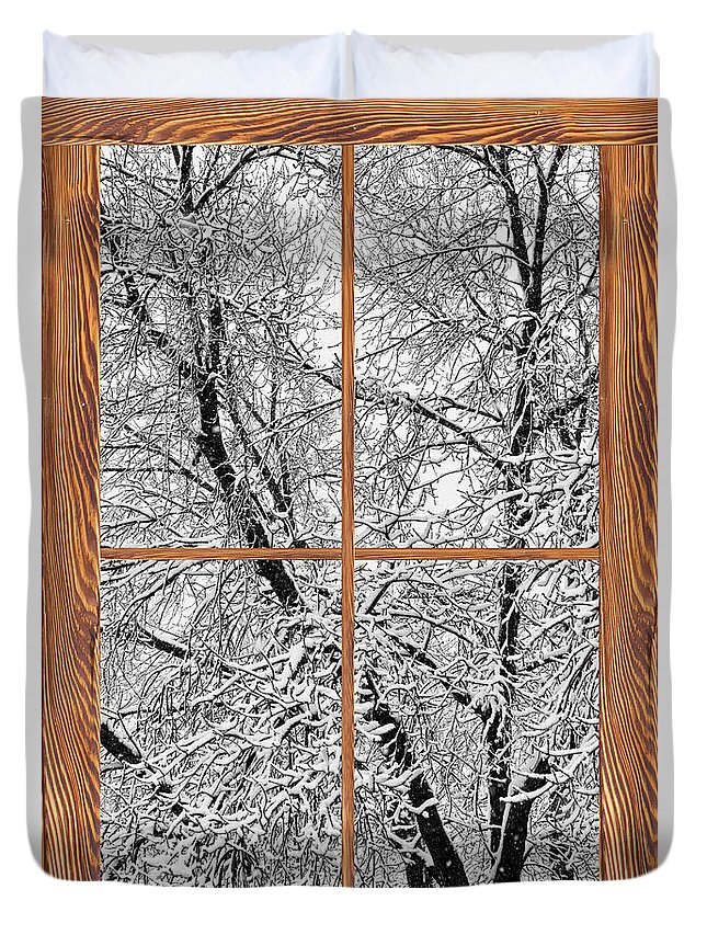 Windows Duvet Cover featuring the photograph Snowy Tree Branches Barn Wood Picture Window Frame View #2 by James BO Insogna