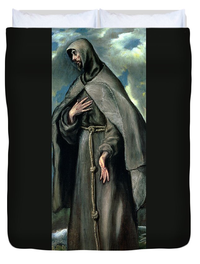 Monk; Cowl; Girdle; Landscape; Stigmata; Habit; Friars Duvet Cover featuring the painting St Francis of Assisi by El Greco Domenico Theotocopuli