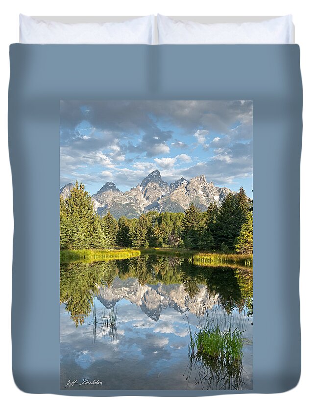 Awe Duvet Cover featuring the photograph Teton Range Reflected in the Snake River by Jeff Goulden