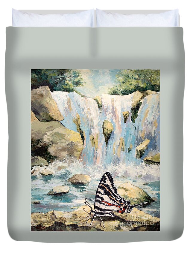 Nature Duvet Cover featuring the painting The Silence of the Waterfall by Elisabeta Hermann