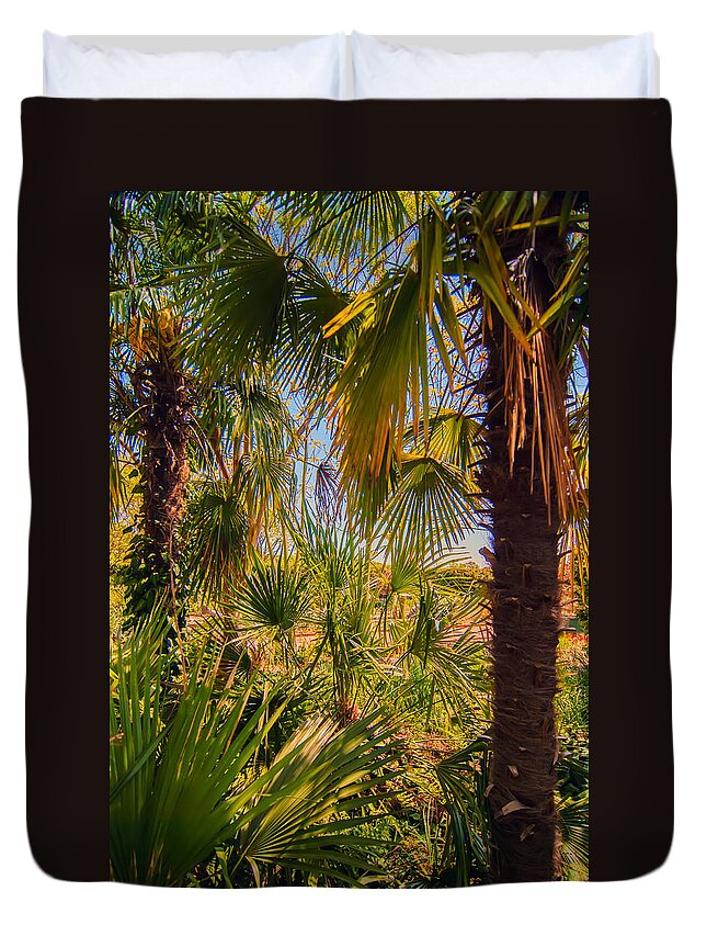 Beam Duvet Cover featuring the photograph Tropical forest palm trees in sunlight #2 by Alex Grichenko