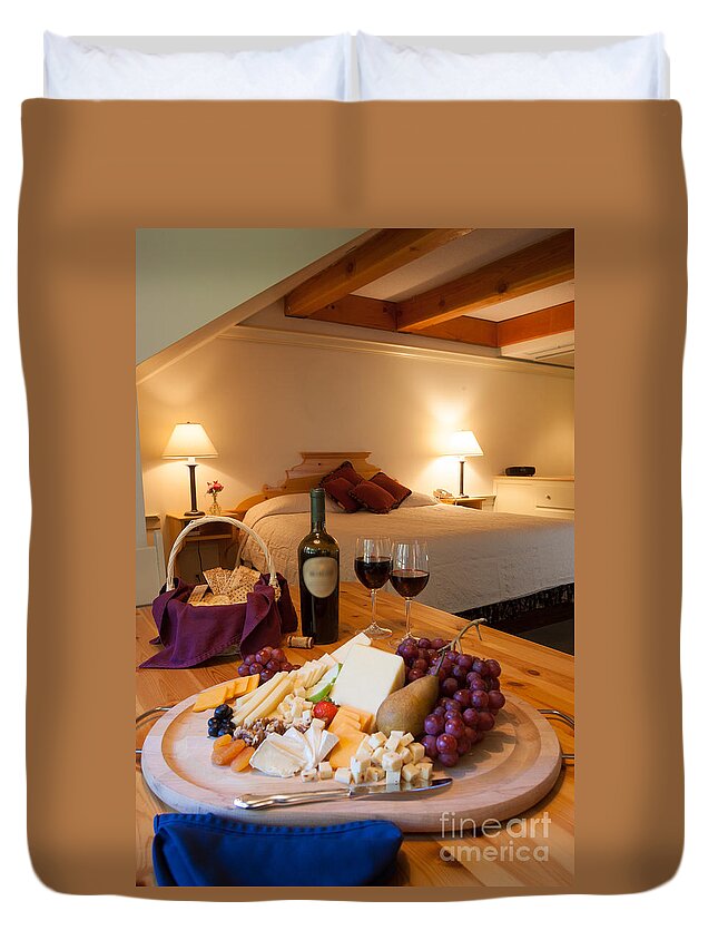 New England Duvet Cover featuring the photograph Wine and cheese in a luxurious hotel room. #2 by Don Landwehrle