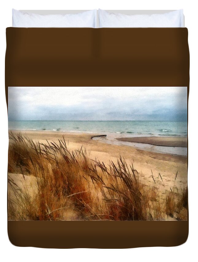 Lake Michigan Duvet Cover featuring the photograph Winter Beach at Pier Cove ll #2 by Michelle Calkins