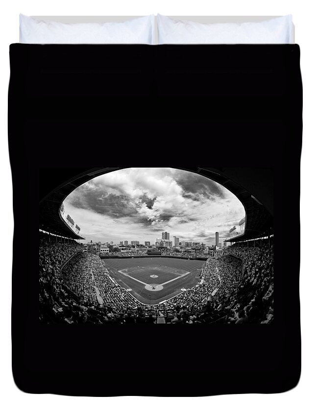 Wrigley Field Duvet Cover featuring the photograph Wrigley Field black and white art by Greg Wyatt