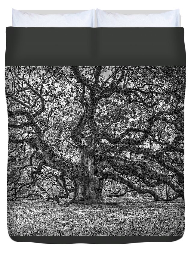 Angel Oak Tree Duvet Cover featuring the photograph Angel Oak Tree in Black and White by Dale Powell