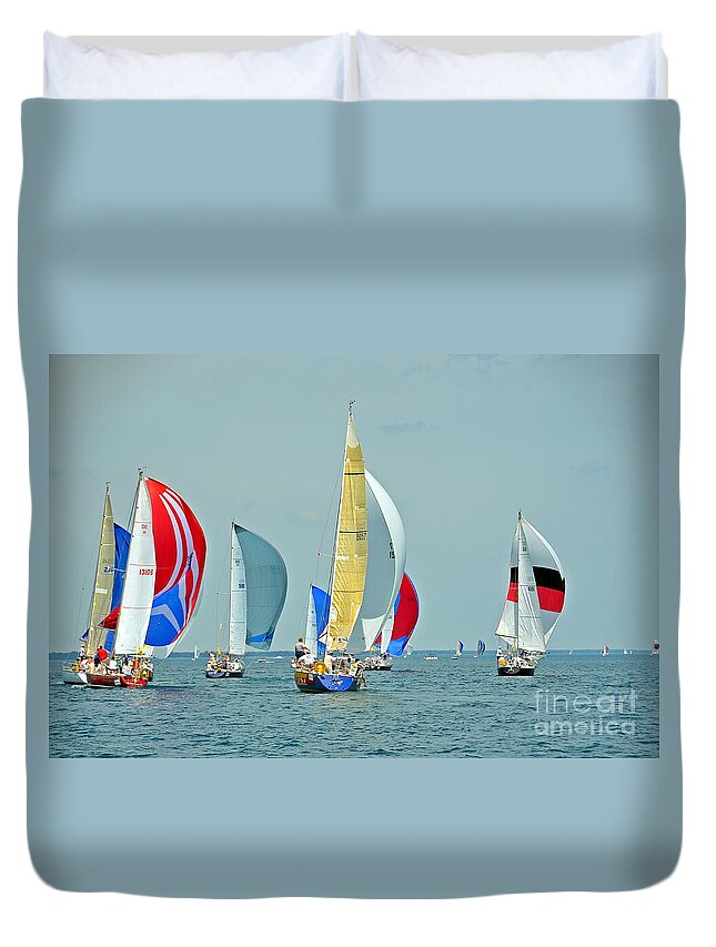 2014 Bells Beer Bayview Mackinac Race Duvet Cover featuring the photograph Praeceptor, Traitor, Contender, Its a Zoo, and Mystery by Randy J Heath