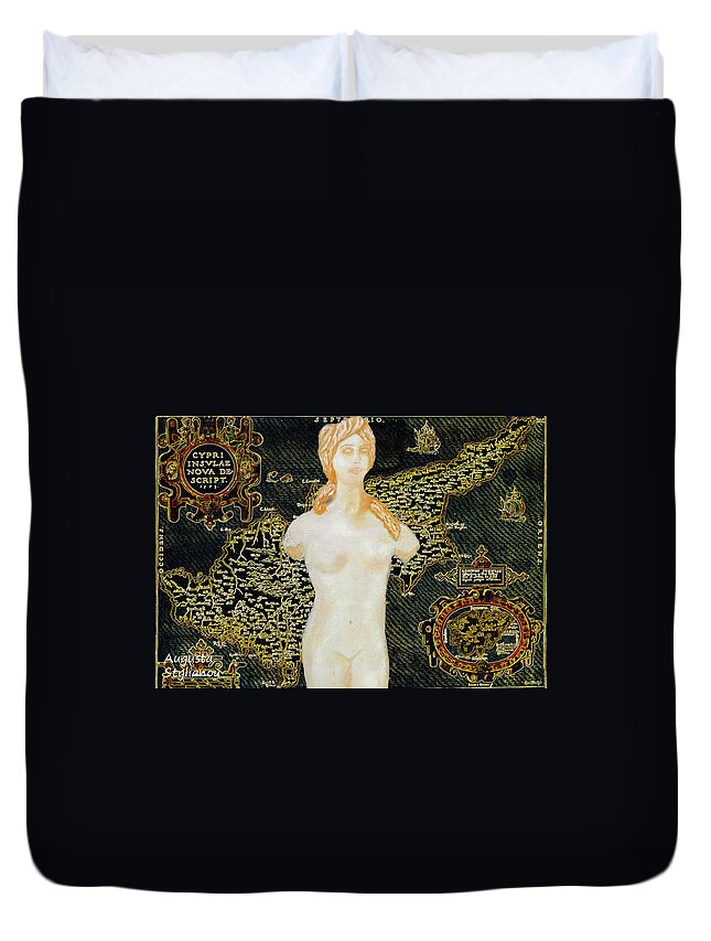 Augusta Stylianou Duvet Cover featuring the painting Ancient Cyprus Map and Aphrodite by Augusta Stylianou