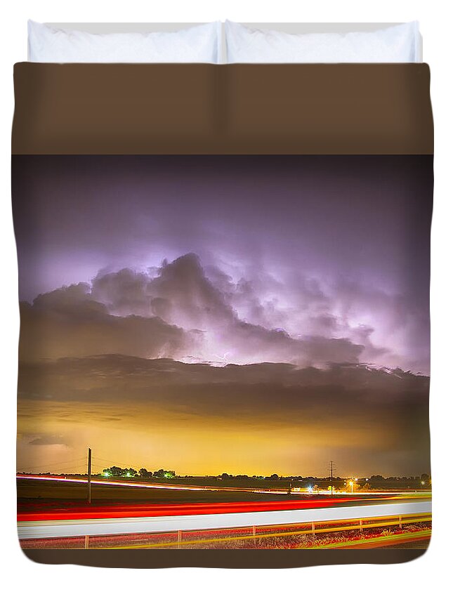 Intra-cloud Duvet Cover featuring the photograph 25 to 34 Intra-Cloud Lightning Golden Light Car Trails by James BO Insogna
