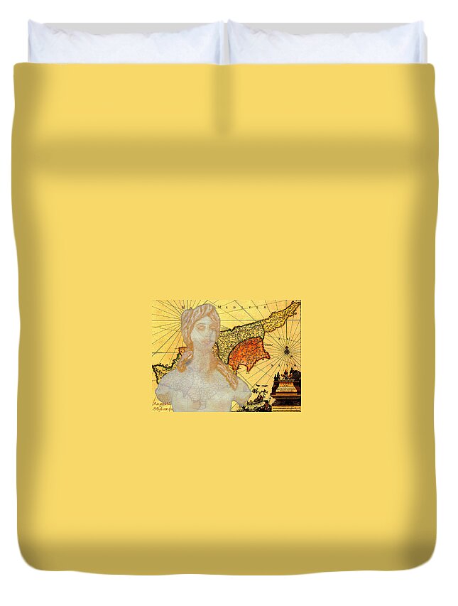 Augusta Stylianou Duvet Cover featuring the digital art Ancient Cyprus Map and Aphrodite #30 by Augusta Stylianou
