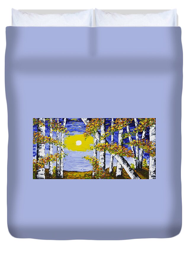 White Duvet Cover featuring the painting White Birch Trees In Fall Abstract Painting #1 by Keith Webber Jr