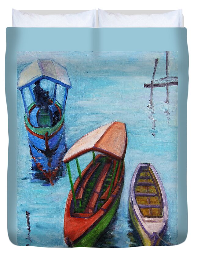 Landscape Duvet Cover featuring the painting 3 Boats III by Xueling Zou
