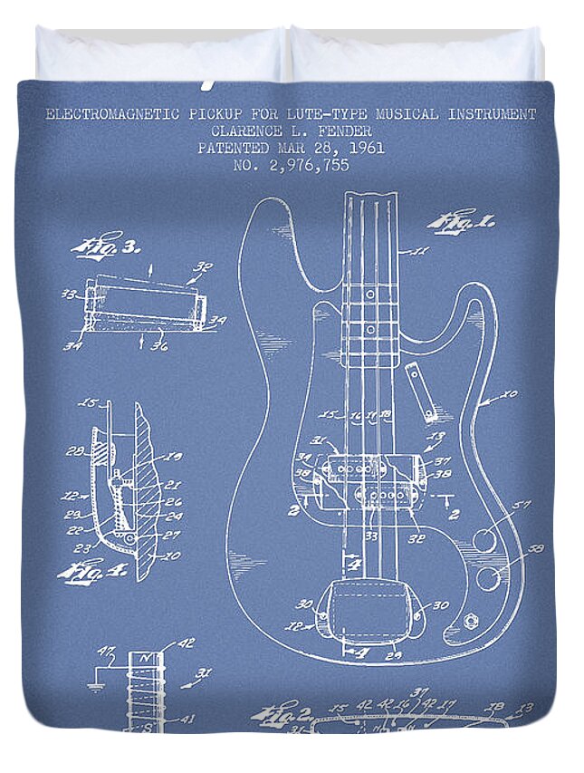 Fender Duvet Cover featuring the digital art Fender Guitar Patent Drawing from 1961 #1 by Aged Pixel