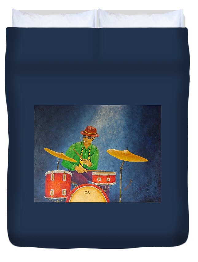 Pamela Allegretto-franz Duvet Cover featuring the painting Jazz Drummer #3 by Pamela Allegretto