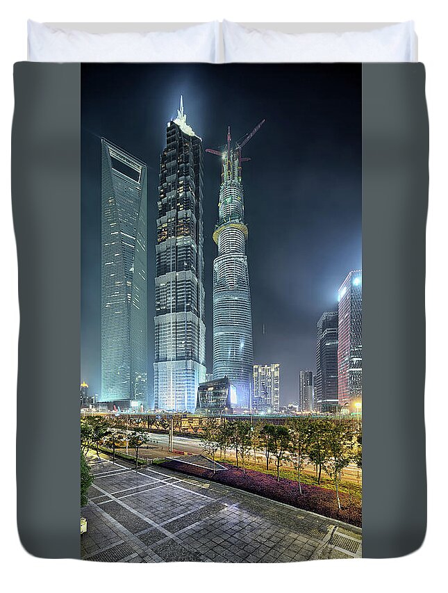 Chinese Culture Duvet Cover featuring the photograph 3 Large Skyscrapers Close Together by Steffen Schnur