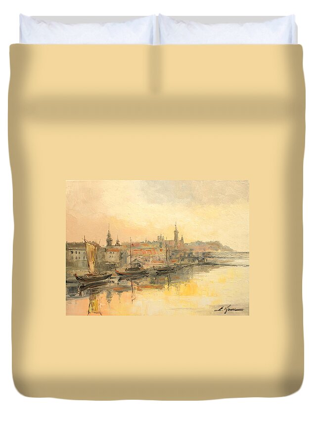 Warsaw Duvet Cover featuring the painting Old Warsaw - Wisla river #3 by Luke Karcz
