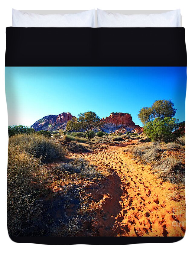 Rainbow Valley Sunrise Outback Landscape Central Australia Water Hole Northern Territory Australian Clay Pan Duvet Cover featuring the photograph Rainbow Valley sunrise #3 by Bill Robinson