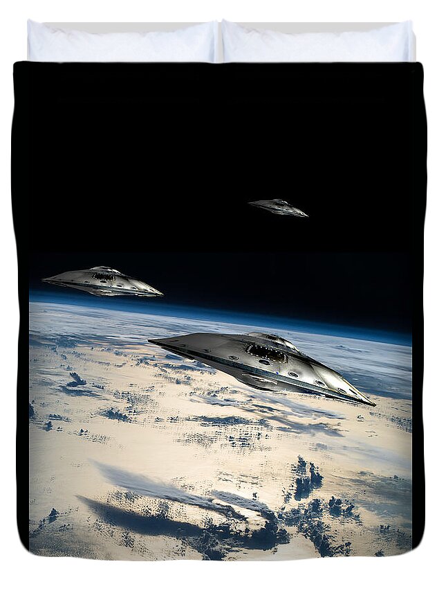 Area 51 Duvet Cover featuring the photograph Spaceships In Orbit Over Earth #3 by Marc Ward