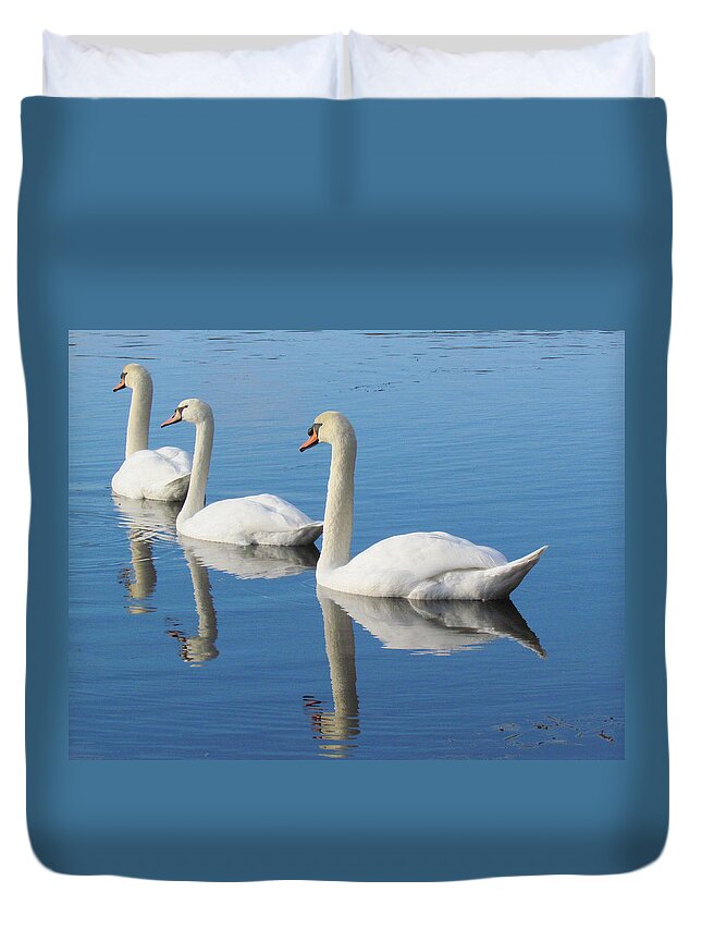 Swans Duvet Cover featuring the photograph 3 Swans A-Swimming by Lori Lafargue