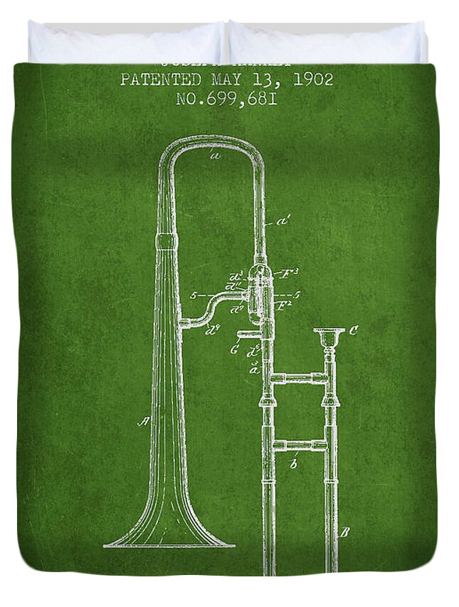 Trombone Duvet Cover featuring the digital art Trombone Patent from 1902 - Green by Aged Pixel
