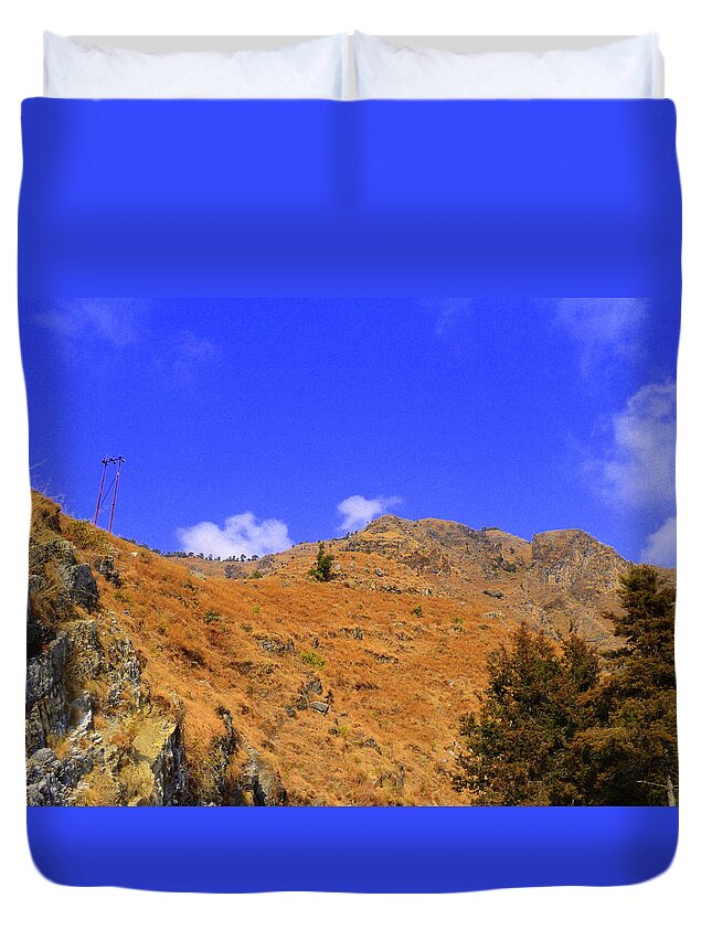 Nature Wallpaper Buy Art Print Phone Case T-shirt Beautiful Duvet Case Pillow Tote Bags Shower Curtain Greeting Cards Mobile Phone Apple Android Dhanaulti Mussoorie Hill Station India Dehradun India Trees Pine Slope Blue Sky Clouds Hiking Climbing Salman Ravish Khan Road Mountain Himalyas Foot Hills Himalyan Gharwal Duvet Cover featuring the photograph Way to Dhanaulti #3 by Salman Ravish