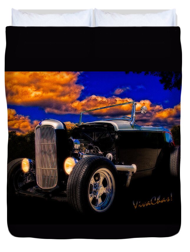 32; Ford; Roadster; Hot; Rod; Rat; Street; Custom; Sundown; Cloud; Storm; Hdr; Orton; Texas; Hill; Country; Sinklier; Chas; Vivachas; Hotrodneyhotrods; Rodney; Dark; Night; Convertible Duvet Cover featuring the photograph 32 Ford Roadster in Silver an Black by Chas Sinklier