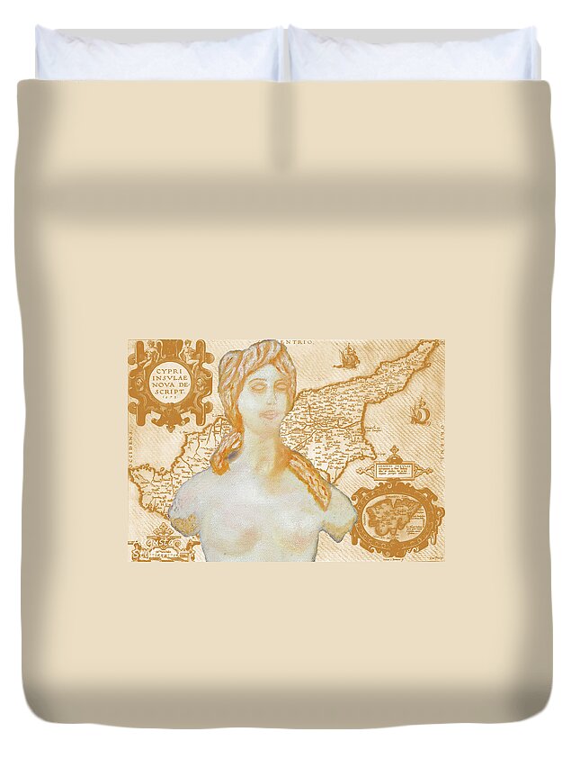 Augusta Stylianou Duvet Cover featuring the digital art Ancient Cyprus Map and Aphrodite #40 by Augusta Stylianou