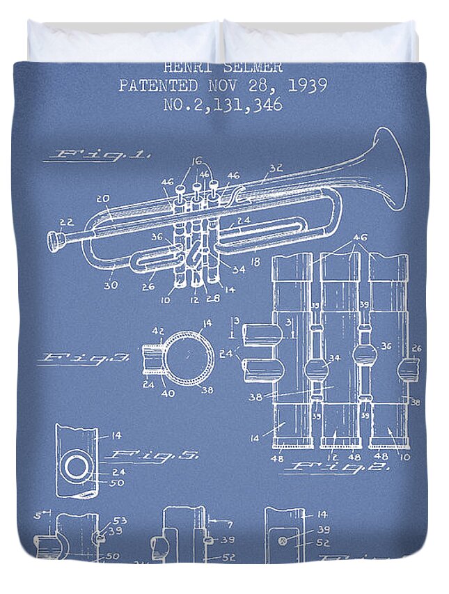 Trumpet Duvet Cover featuring the digital art Trumpet Patent from 1939 - Light Blue by Aged Pixel