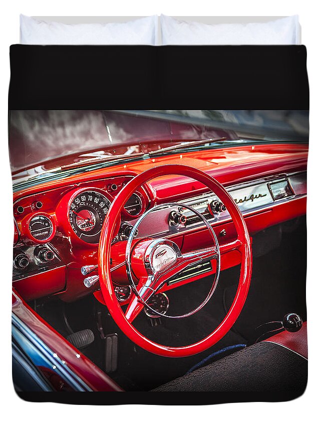 V8 Engine Duvet Cover featuring the photograph 1957 Chevrolet Bel Air #5 by Rich Franco