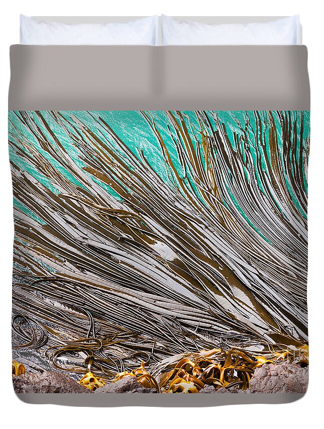 Abstract Duvet Cover featuring the photograph Bull Kelp blades on surface background texture #5 by Stephan Pietzko