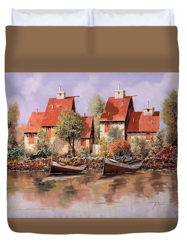 House Duvet Cover featuring the painting 5 Case E 2 Barche by Guido Borelli