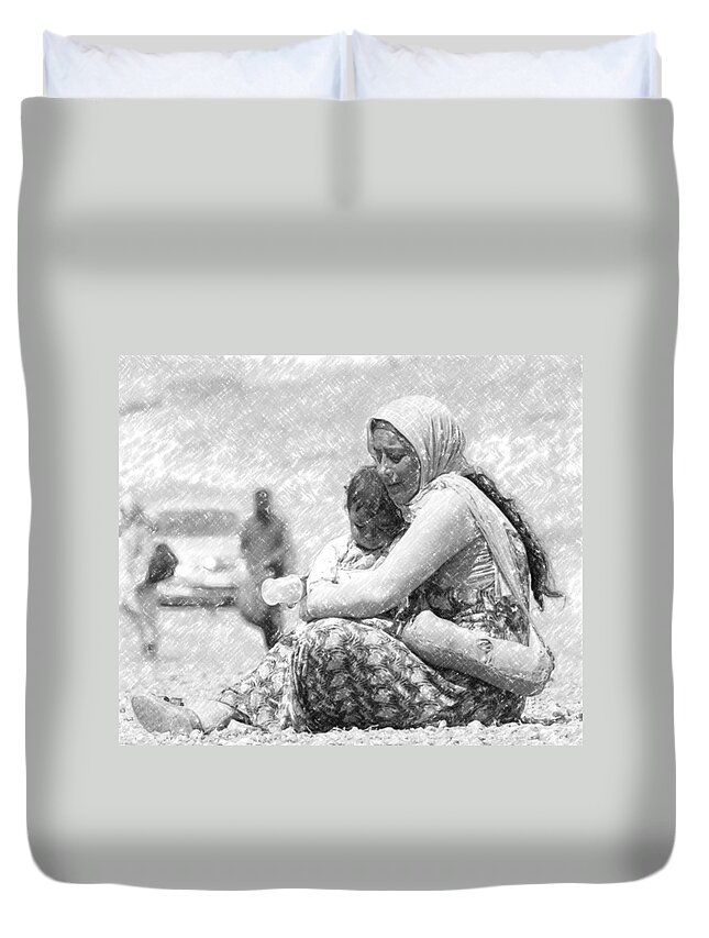 Kurdish Refugees Duvet Cover featuring the painting Kurdish Refugees #6 by MotionAge Designs