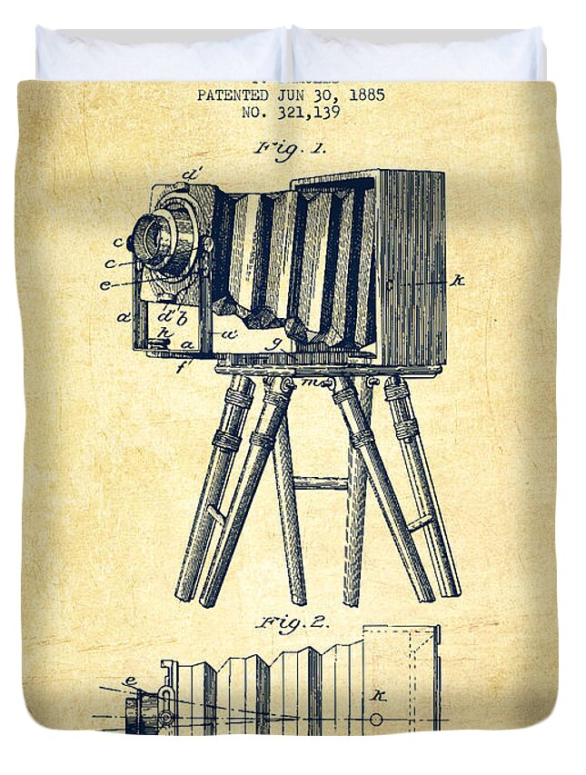 Camera Duvet Cover featuring the digital art Photographic Camera Patent Drawing from 1885 #1 by Aged Pixel