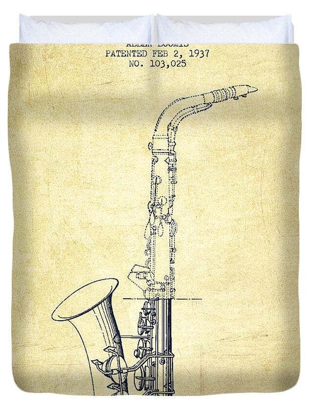 Saxophone Duvet Cover featuring the digital art Saxophone Patent Drawing From 1937 - Vintage by Aged Pixel