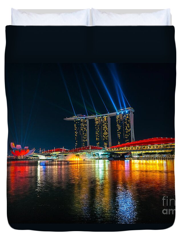 Night Duvet Cover featuring the photograph Singapore city skyline #5 by Luciano Mortula