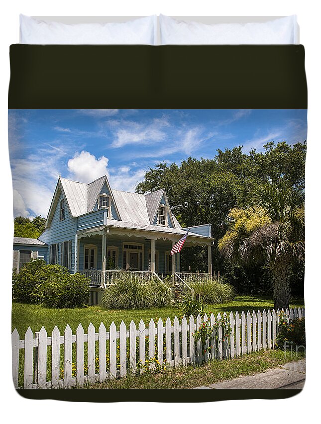 Cottage Duvet Cover featuring the photograph Sullivan's Island Tin Roof Story Book Cottage by Dale Powell
