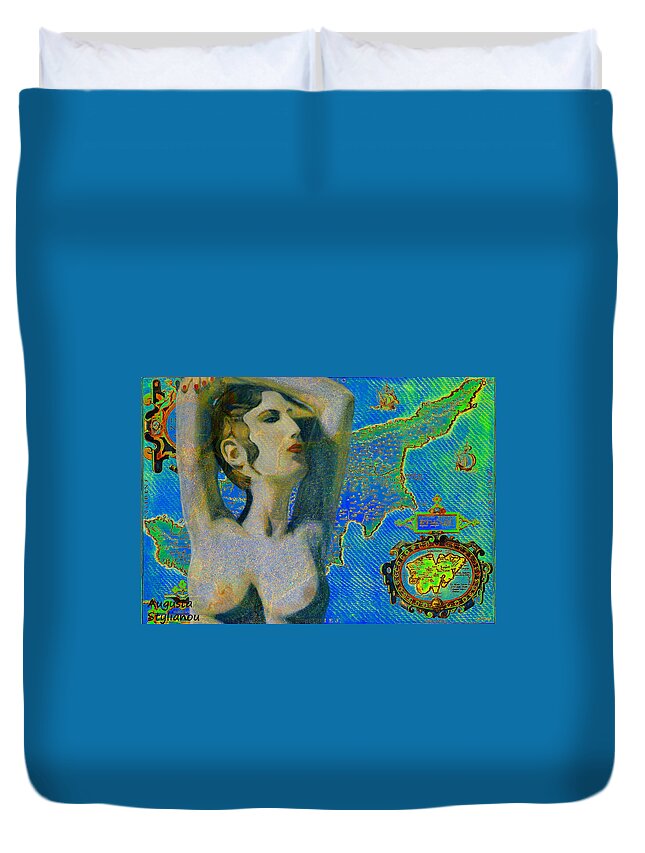 Augusta Stylianou Duvet Cover featuring the digital art Ancient Cyprus Map and Aphrodite #9 by Augusta Stylianou