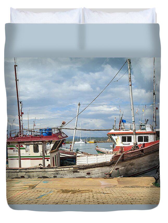 Harbor Duvet Cover featuring the photograph boats in the harbour of Mirissa on the tropical island of Sri Lanka by Gina Koch