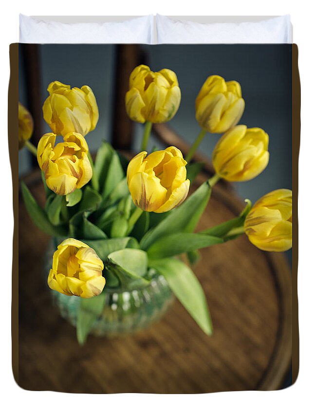 Tulip Duvet Cover featuring the photograph Still Life with Yellow Tulips #6 by Nailia Schwarz