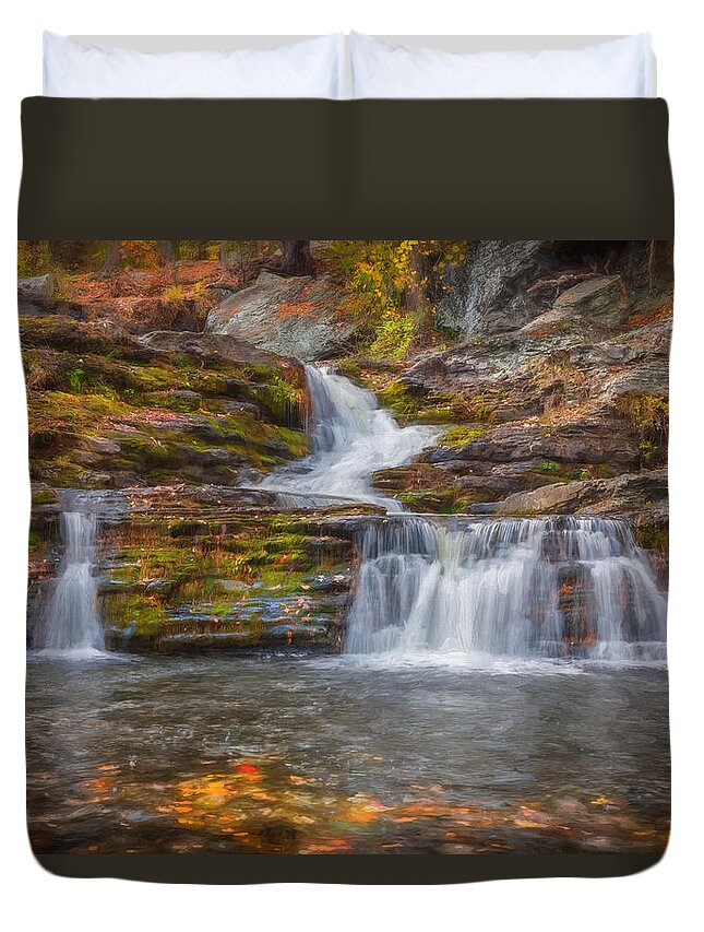 Golden Leaves Duvet Cover featuring the photograph Waterfalls George W Childs National Park Painted  #6 by Rich Franco