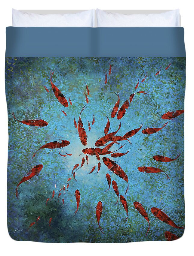 Koi Duvet Cover featuring the painting 63 Pesci Rossi by Guido Borelli