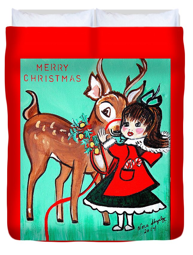 Little Girl With Reindeer Duvet Cover featuring the painting Little Girl With Reindeer by Nora Shepley