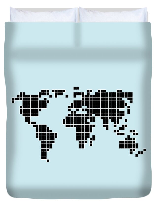 Parallel Duvet Cover featuring the digital art 8-bit Style World Map by Malte Mueller