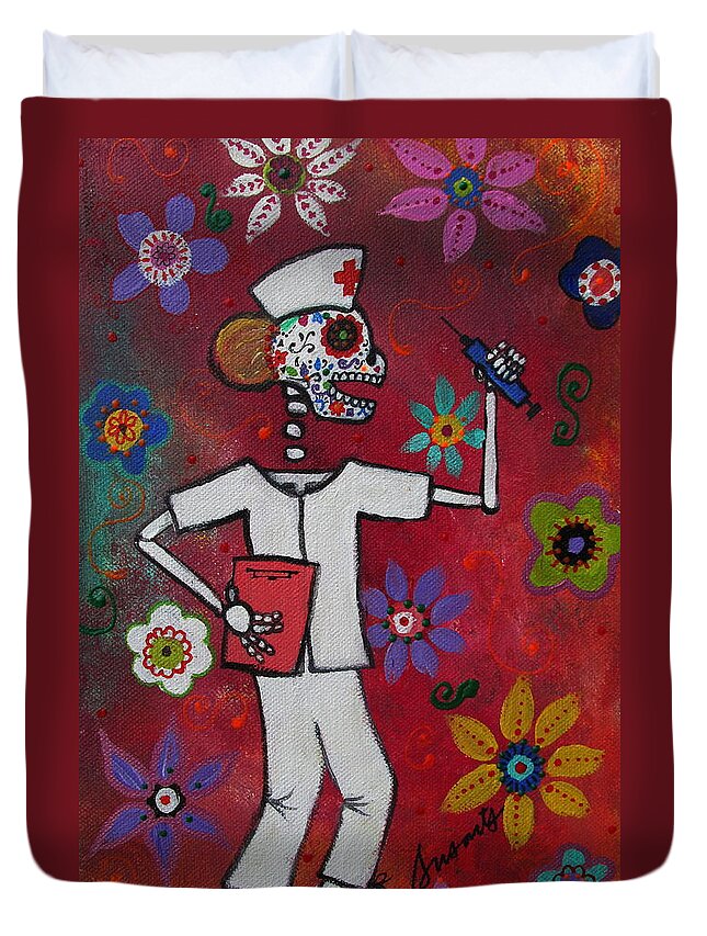 El Perrito Duvet Cover featuring the painting Dia De Los Muertos Nurse #8 by Pristine Cartera Turkus