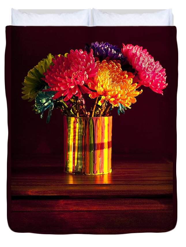 Art Duvet Cover featuring the photograph Multicolored Chrysanthemums in paint can #8 by Jim Corwin