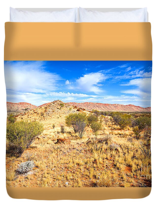 Central Australia Landscape Outback Water Hole West Mcdonnell Ranges Northern Territory Australian Landscapes Ghost Gum Trees Larapinta Drive Duvet Cover featuring the photograph West McDonnell Ranges Larapinta Drive by Bill Robinson