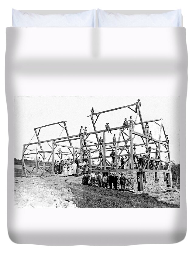 1800s Duvet Cover featuring the photograph A barn raising with all the neighbors by Underwood Archives