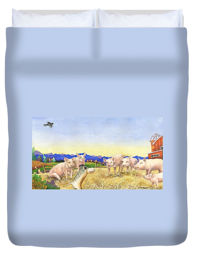 Spike The Dhog Painting Duvet Cover featuring the painting A Barnyard of Pigs by Anne Gifford