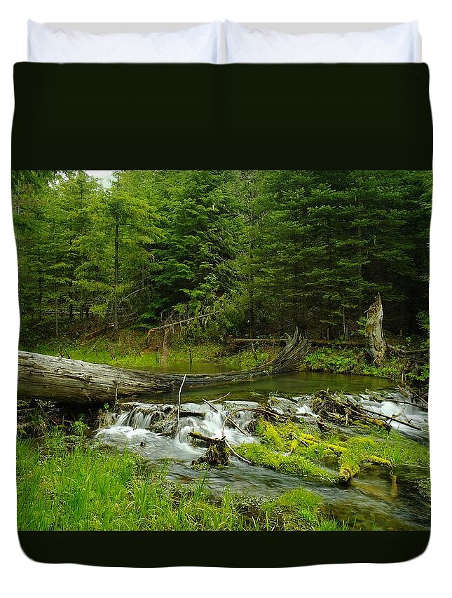 Water Duvet Cover featuring the photograph A Beaver Dam Overflowing by Jeff Swan