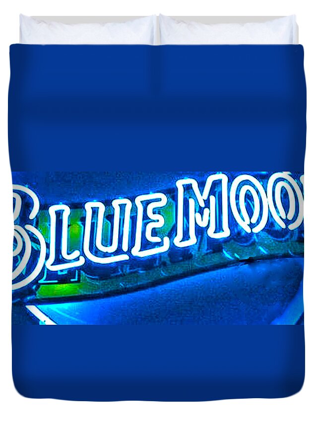 Blue Neon Lighting Duvet Cover featuring the digital art Blue Moon In An Aussie Pub by Pamela Smale Williams