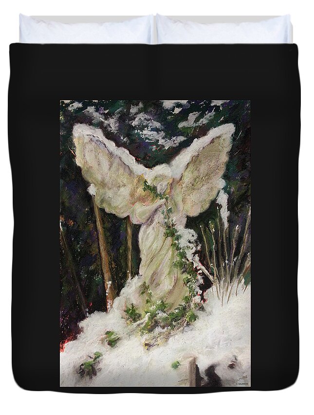 Cemetery Grave Gravestone Angel Highgate London Snow English Ivy Peaceful England Duvet Cover featuring the pastel A Breath of Snow and Ivy, Highgate Cemetery by Brenda Salamone